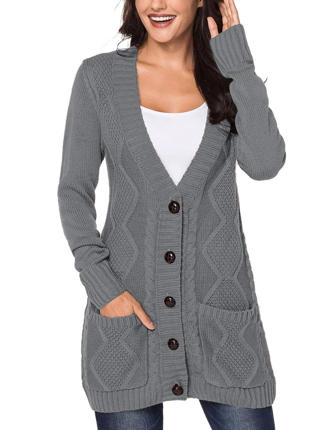 luvamia Womens Long Sleeve Open Front Buttons Cable Knit Pocket Sweater Cardigan