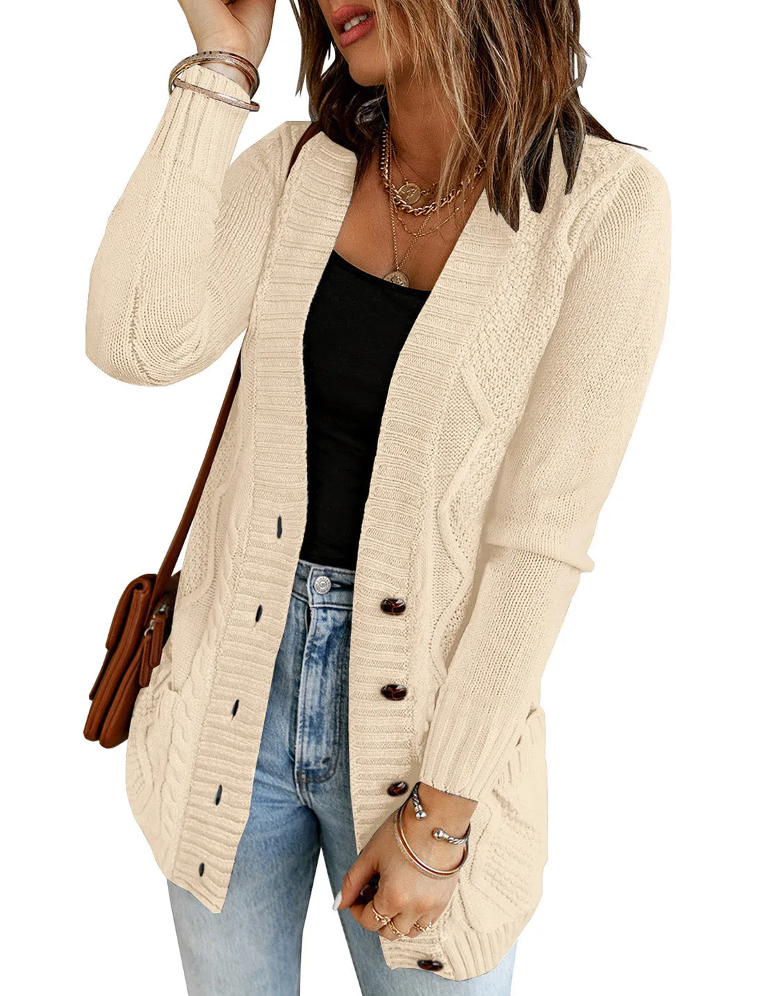 luvamia Womens Long Sleeve Open Front Buttons Cable Knit Pocket Sweater Cardigan