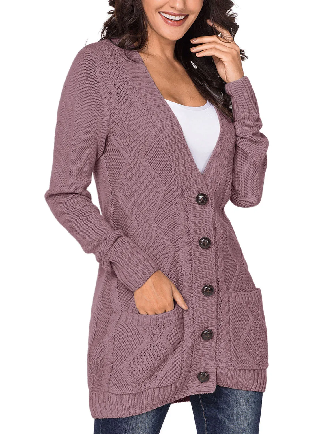 luvamia Womens Long Sleeve Open Front Buttons Cable Knit Pocket Sweater Cardigan