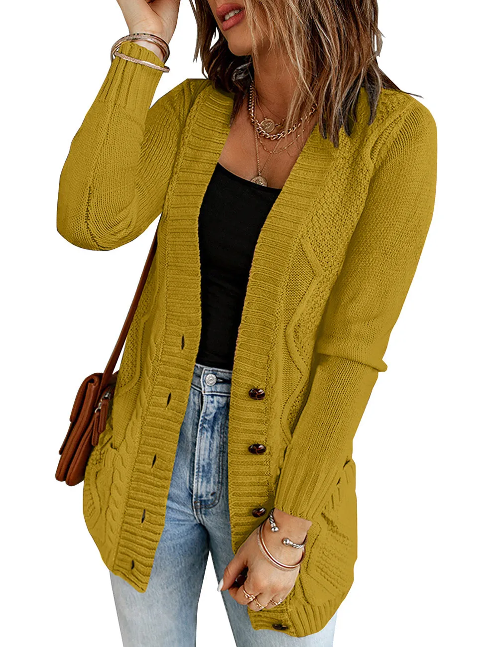 luvamia Womens Long Sleeve Open Front Buttons Cable Knit Pocket Sweater Cardigan