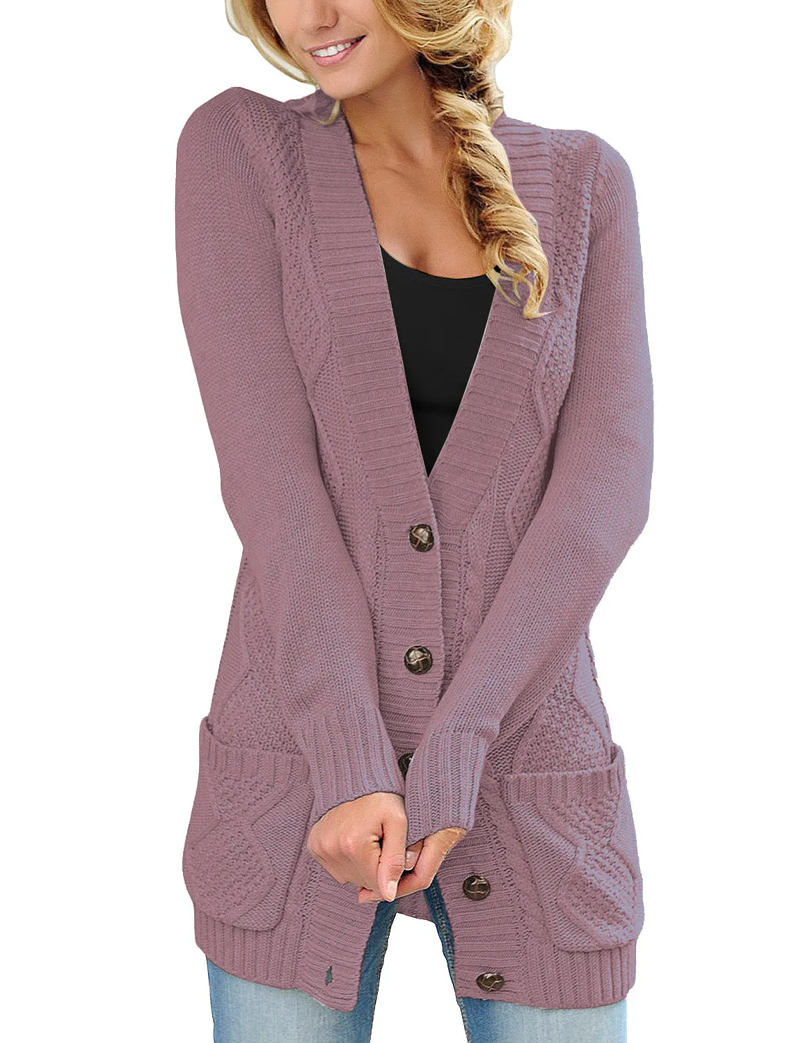 luvamia Womens Long Sleeve Open Front Buttons Cable Knit Pocket Sweater Cardigan