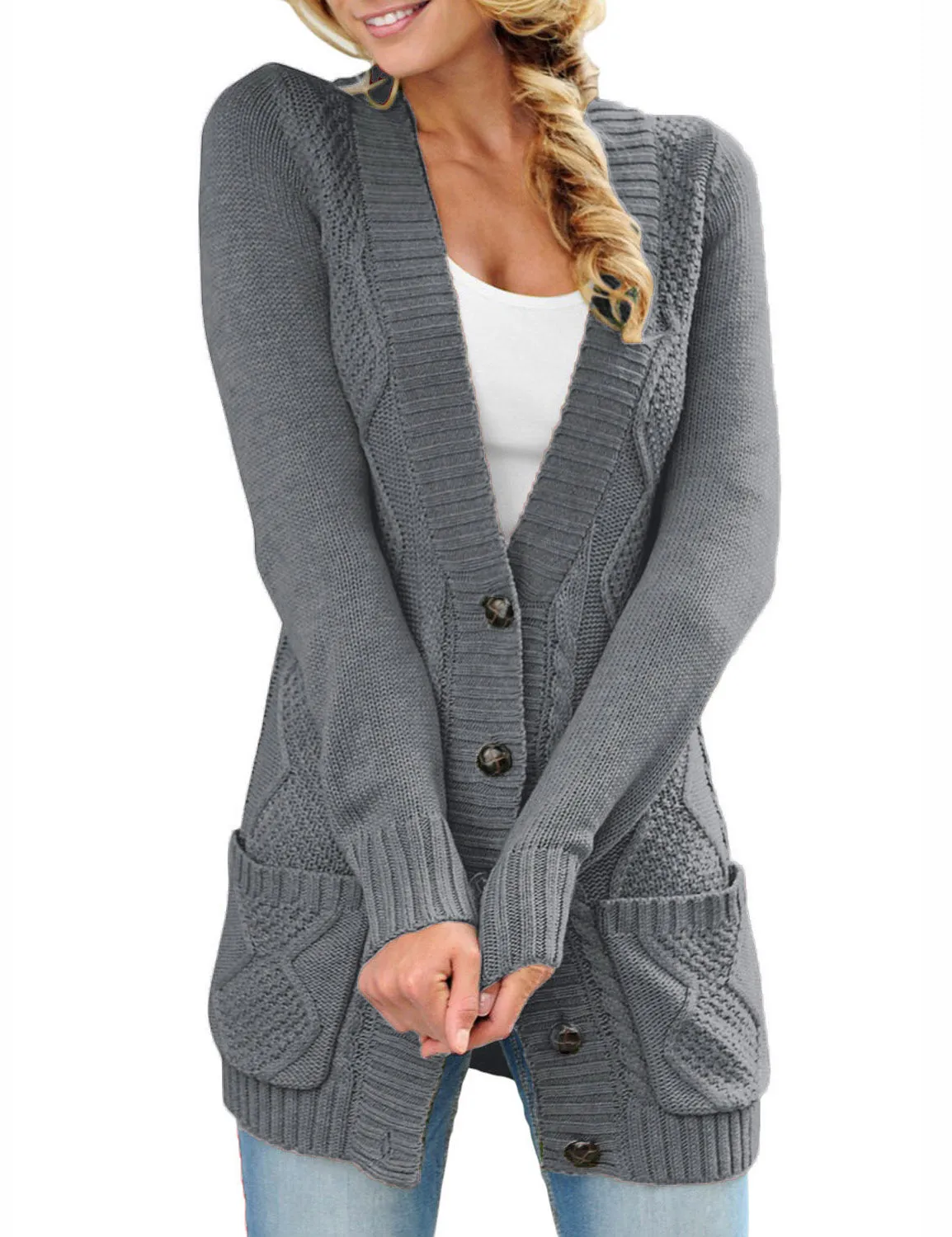 luvamia Womens Long Sleeve Open Front Buttons Cable Knit Pocket Sweater Cardigan