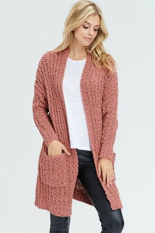 Mauve Soft Knit Solid Long Cardigan W/ Pockets Womens