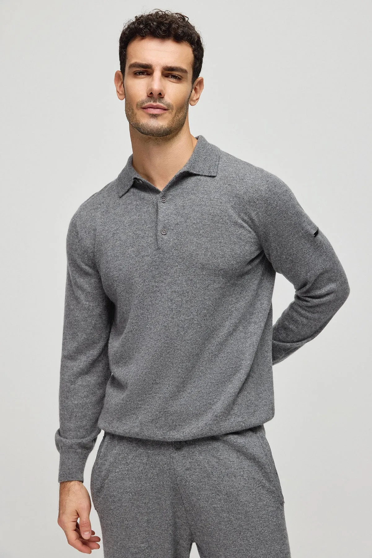 Medium Gray Melange Pure Cashmere Men's Polo Sweater