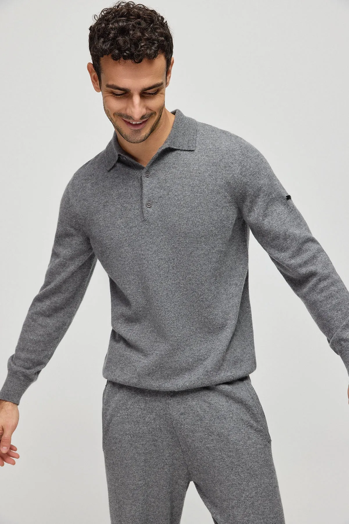 Medium Gray Melange Pure Cashmere Men's Polo Sweater