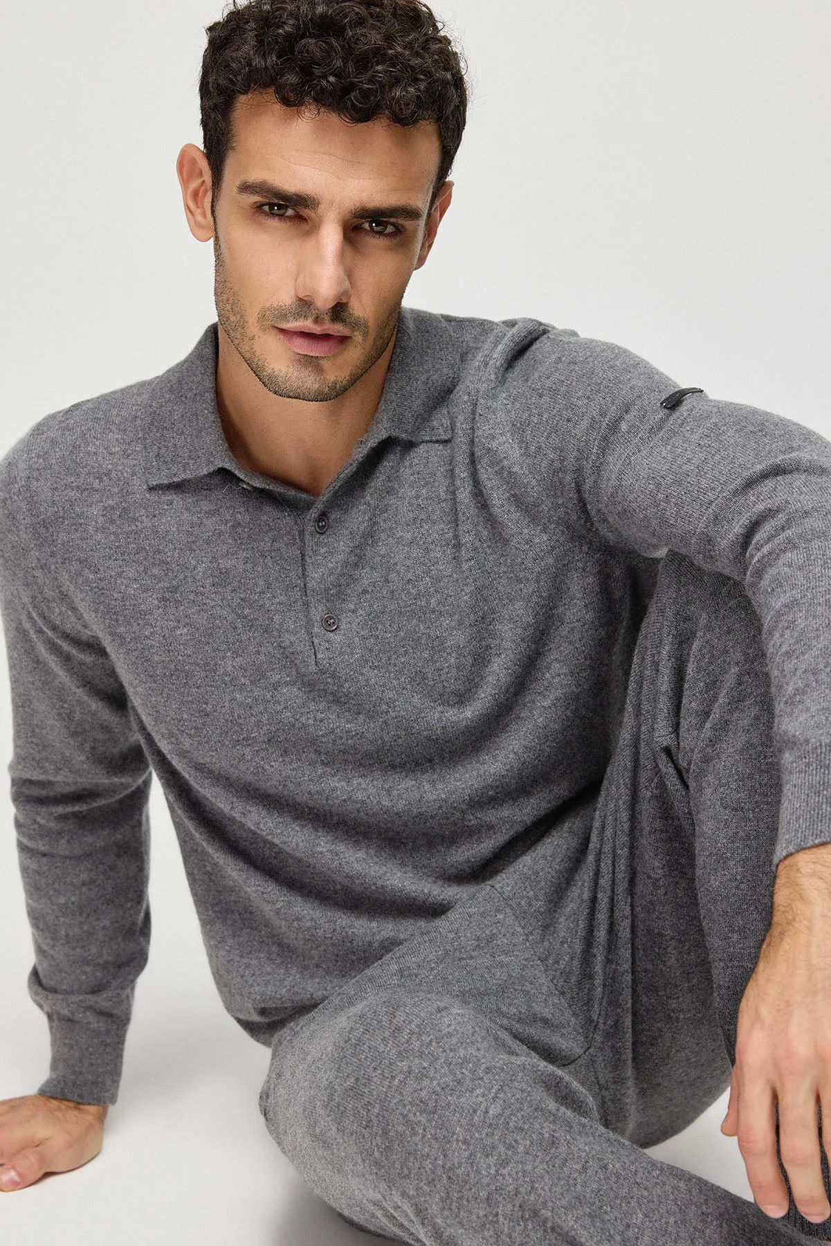 Medium Gray Melange Pure Cashmere Men's Polo Sweater