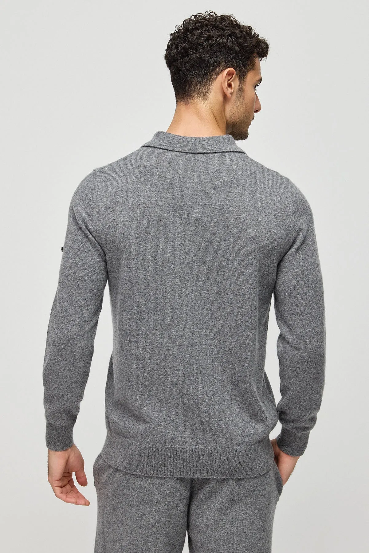 Medium Gray Melange Pure Cashmere Men's Polo Sweater