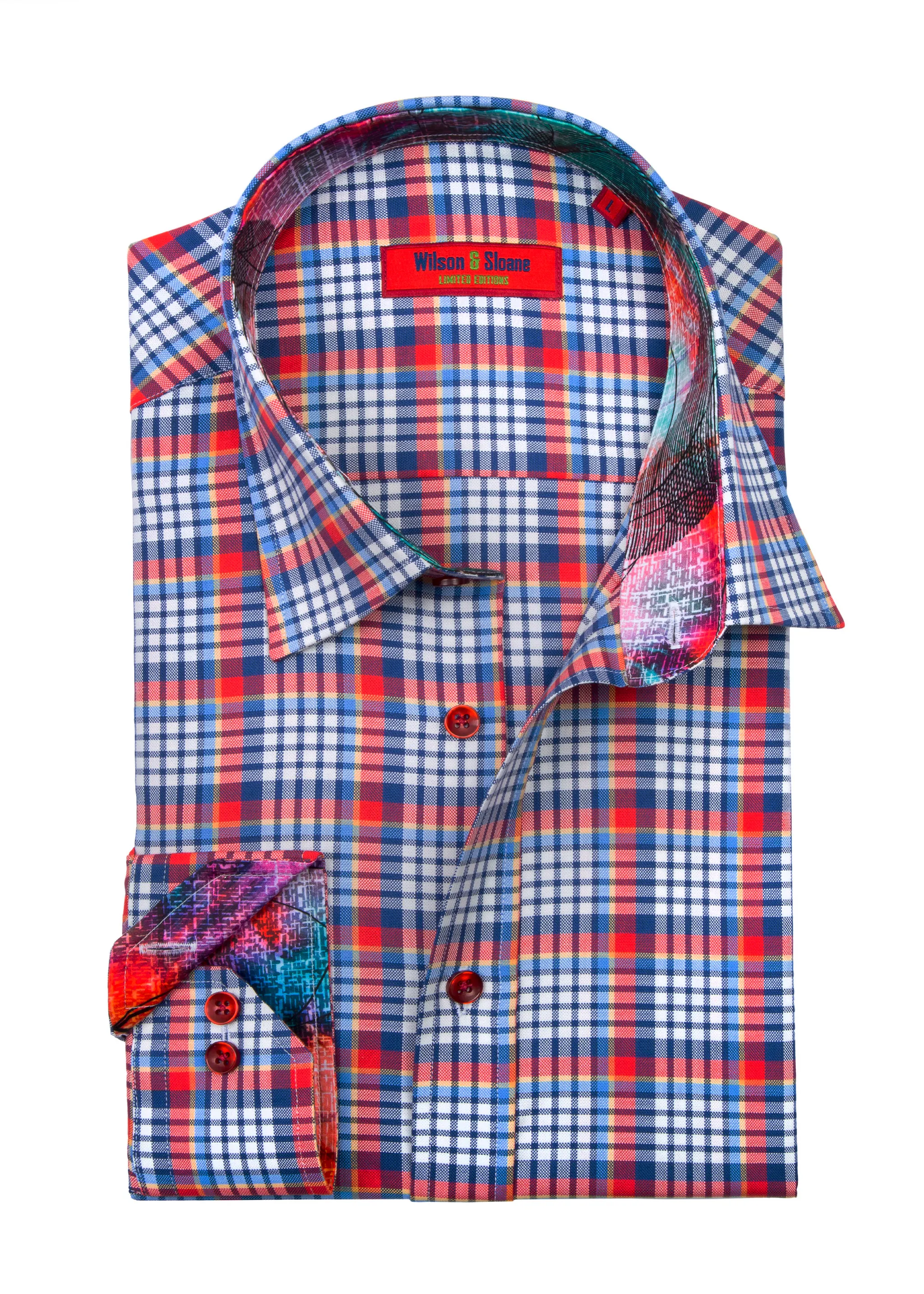 Men's 100% Cotton Red Check Oxford Hidden Button-Down Collar, Single Cuff Shirt