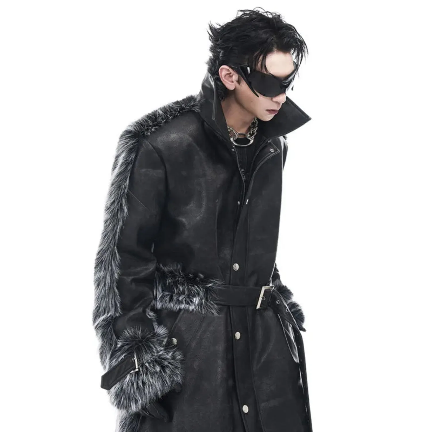 Men's Black Faux Mink Fur & Leather Trench Coat