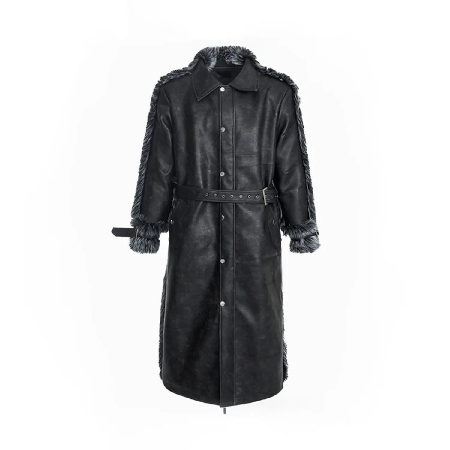 Men's Black Faux Mink Fur & Leather Trench Coat