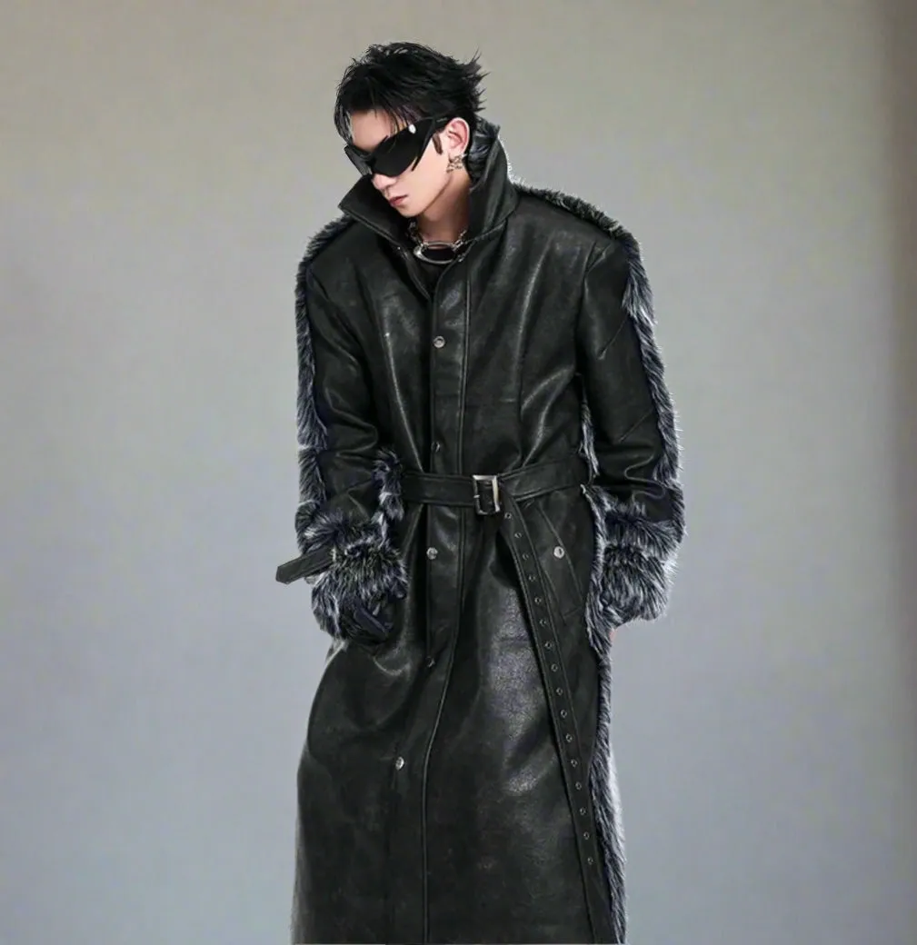 Men's Black Faux Mink Fur & Leather Trench Coat