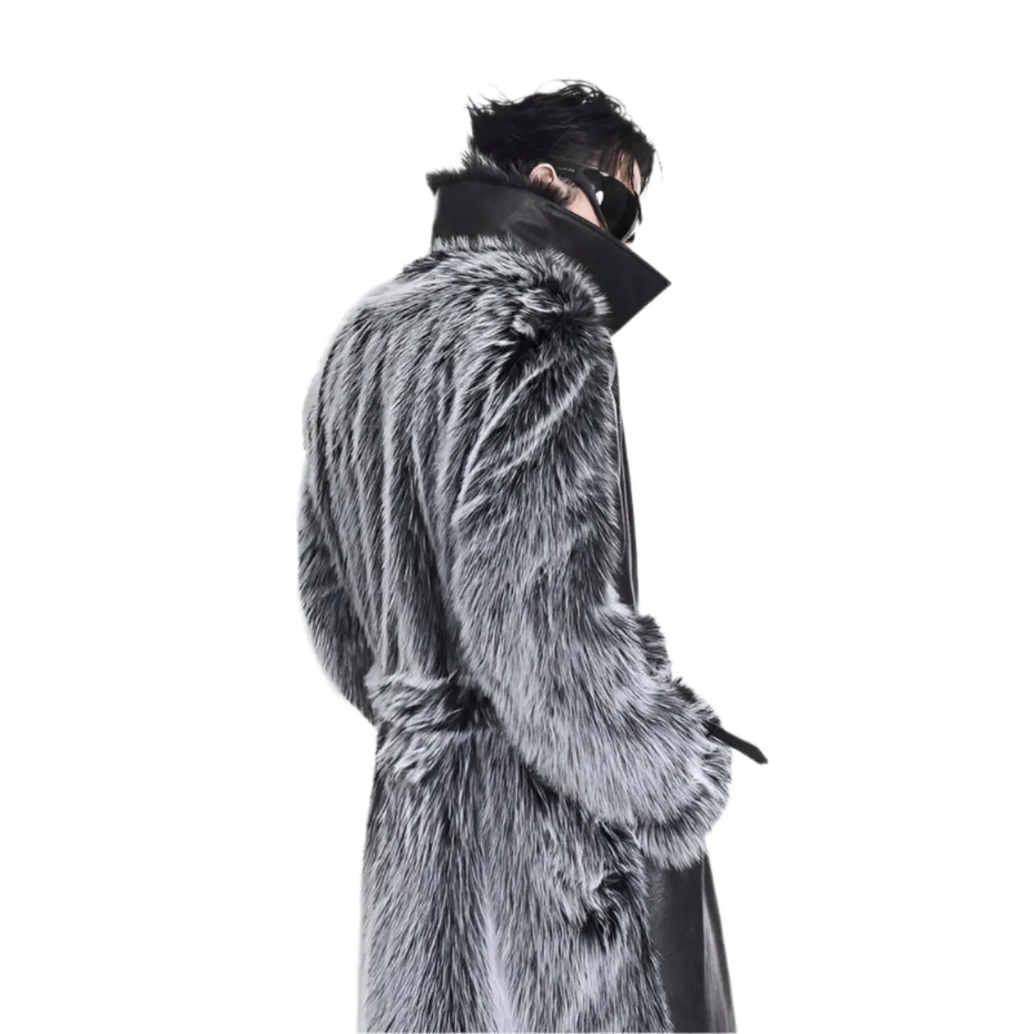 Men's Black Faux Mink Fur & Leather Trench Coat