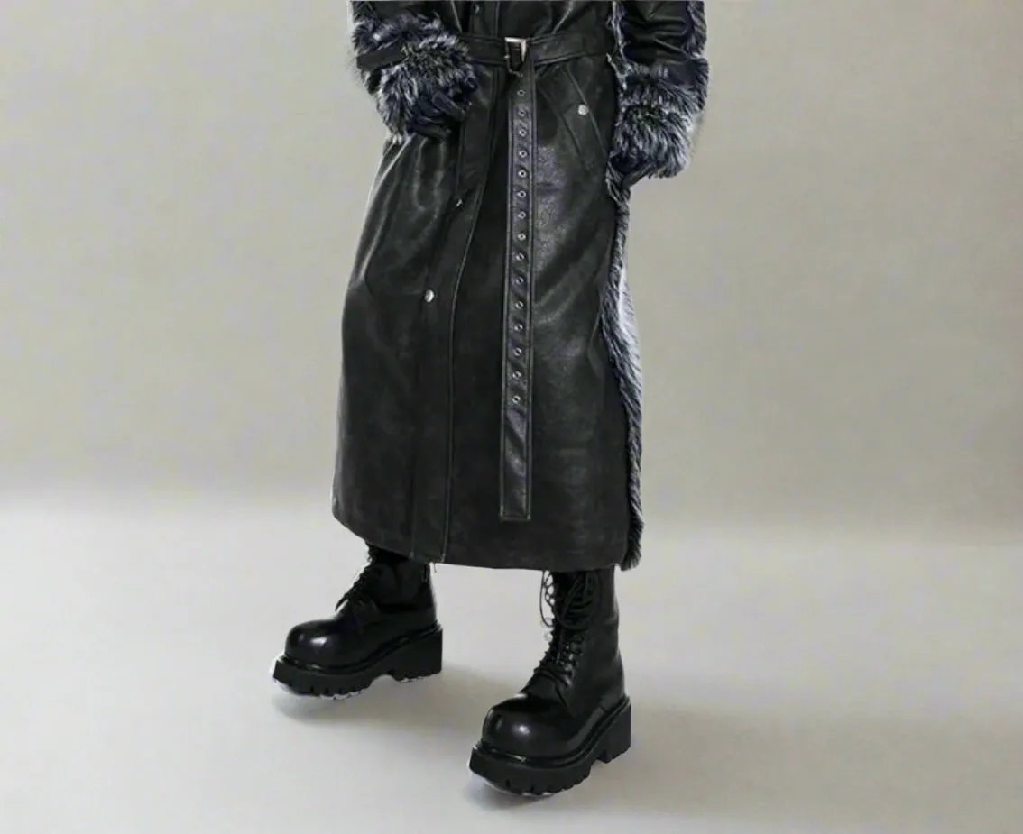 Men's Black Faux Mink Fur & Leather Trench Coat