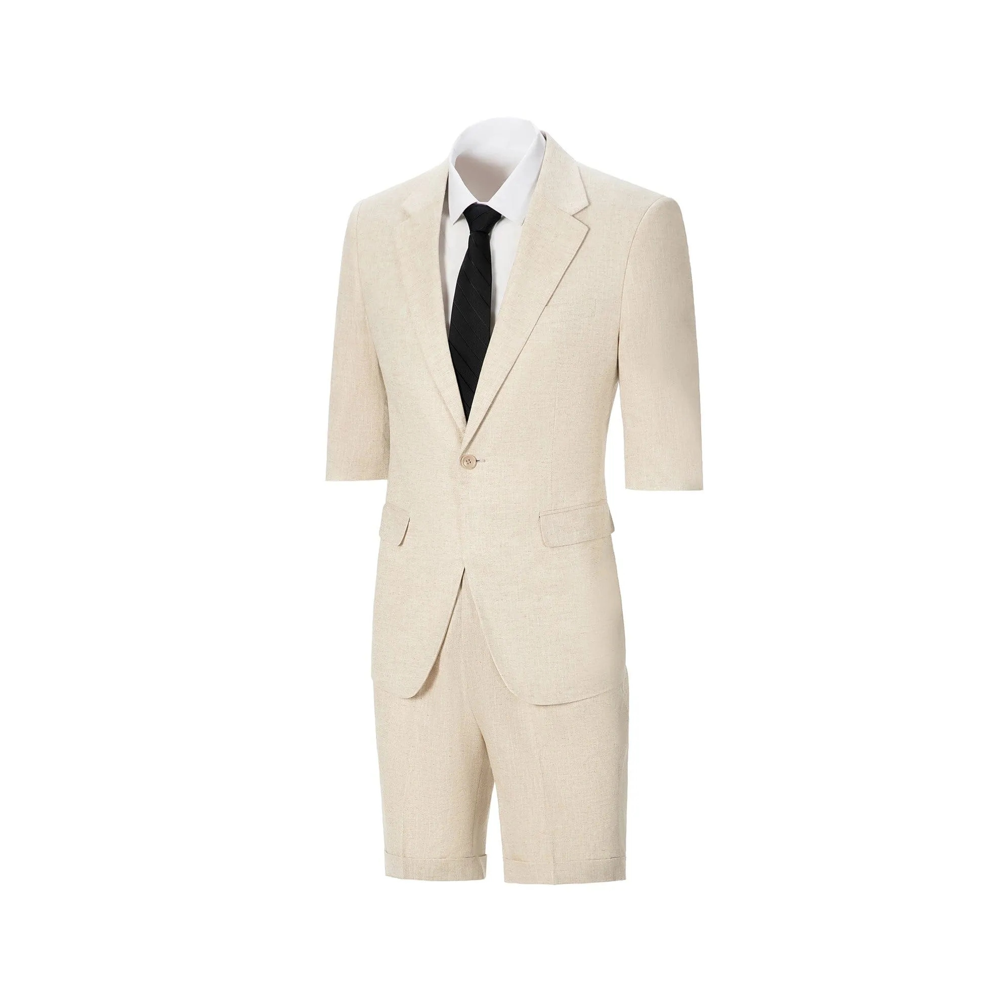 Men's Cotton and Linen Solid Notch Lapel Suit Suit Shorts Two-piece Set