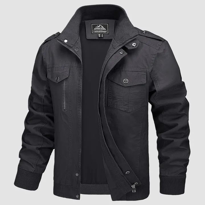 Men's Cotton Cargo Jacket - Lightweight Full Zip Work Coat with 4 Pockets