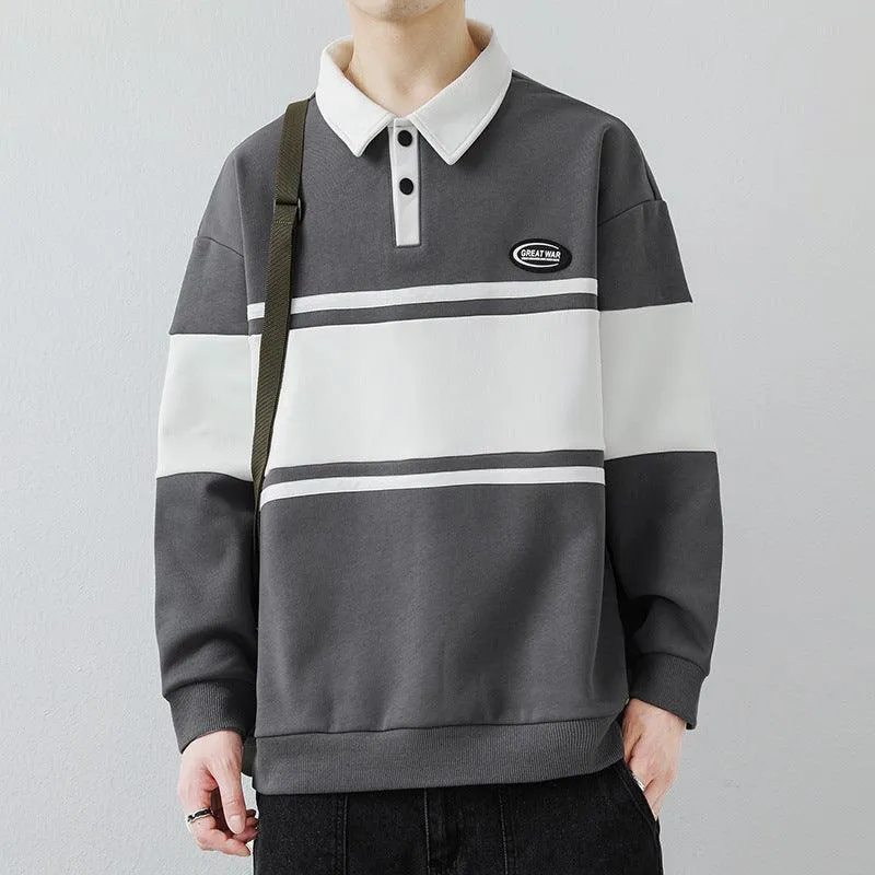 Men's Lapel Street Style Striped Pullover High-End Fashion Top