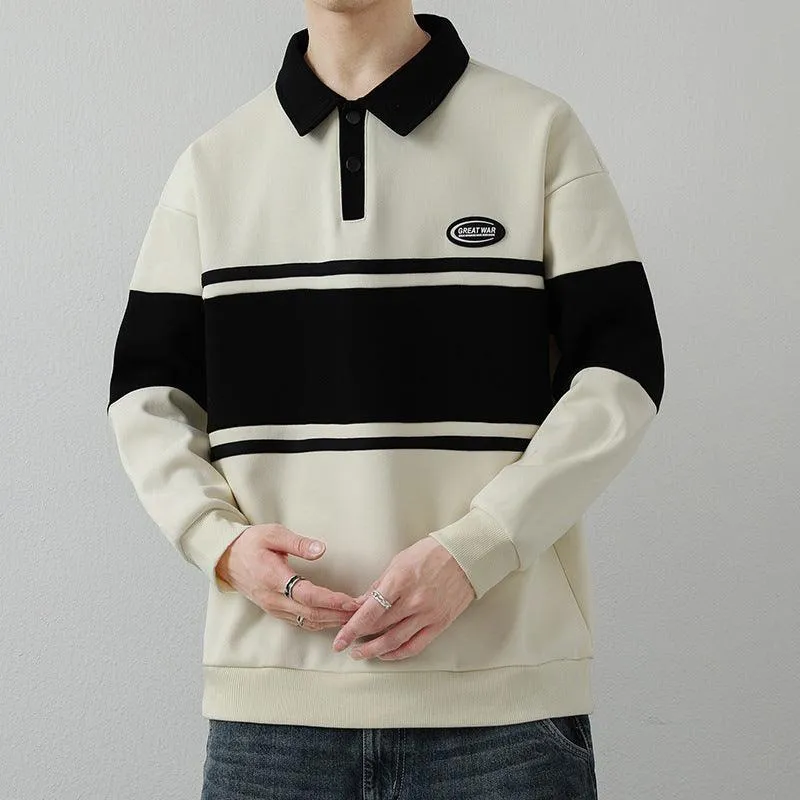 Men's Lapel Street Style Striped Pullover High-End Fashion Top