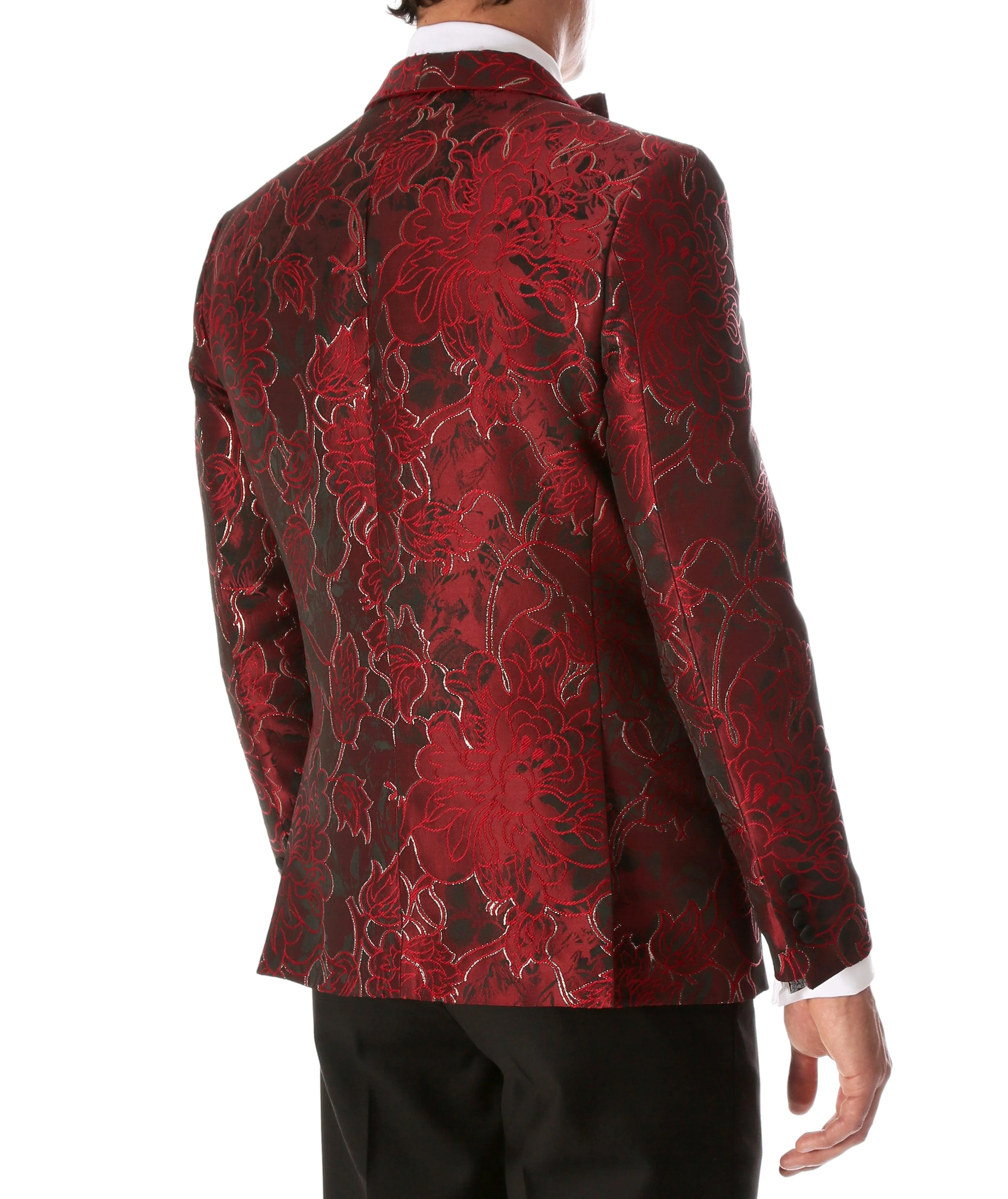 Men's Romi Red Floral Modern Fit Shawl Collar Tuxedo Blazer