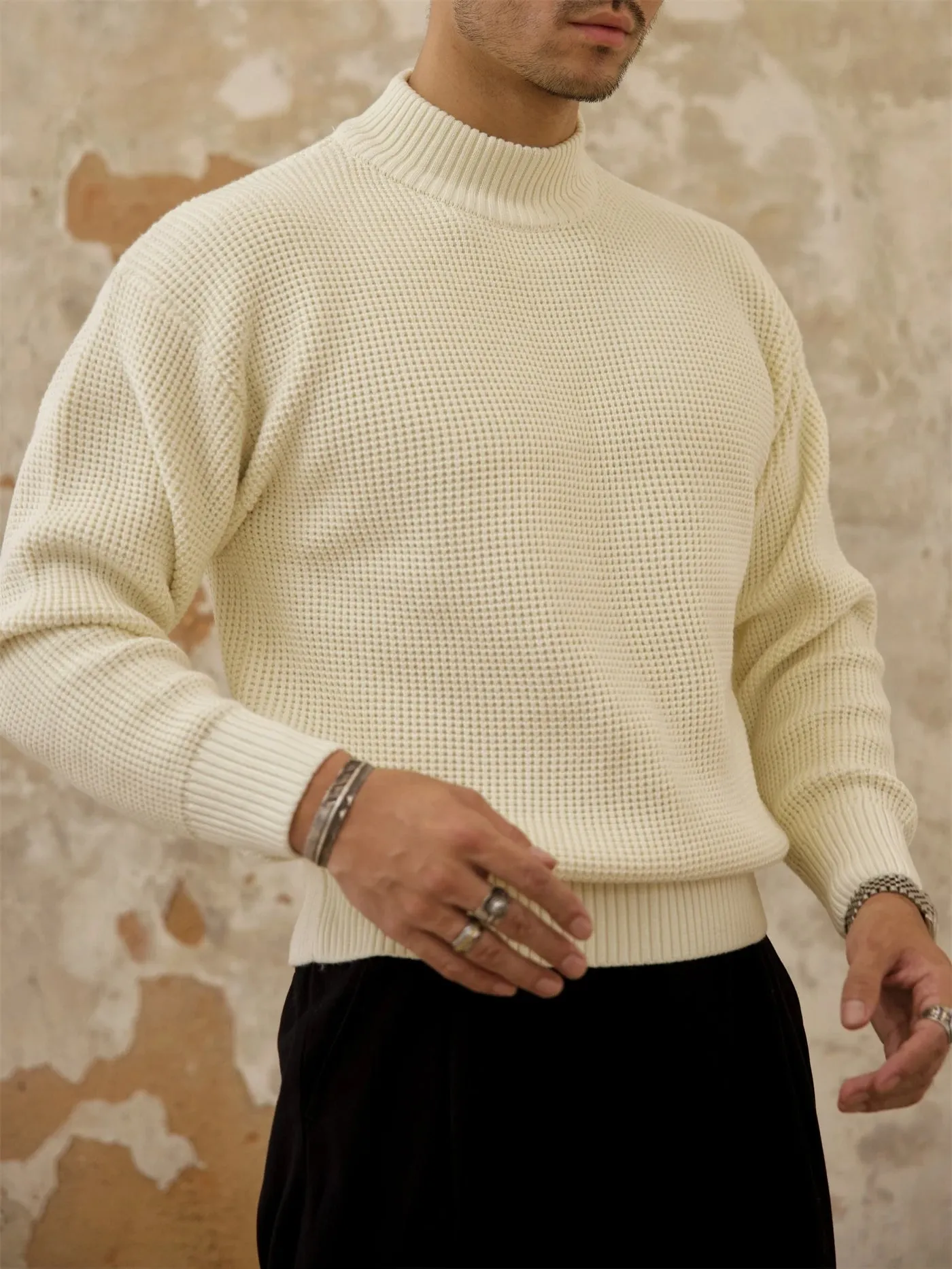 Men's Waffle Pattern Crew Neck Pullovers