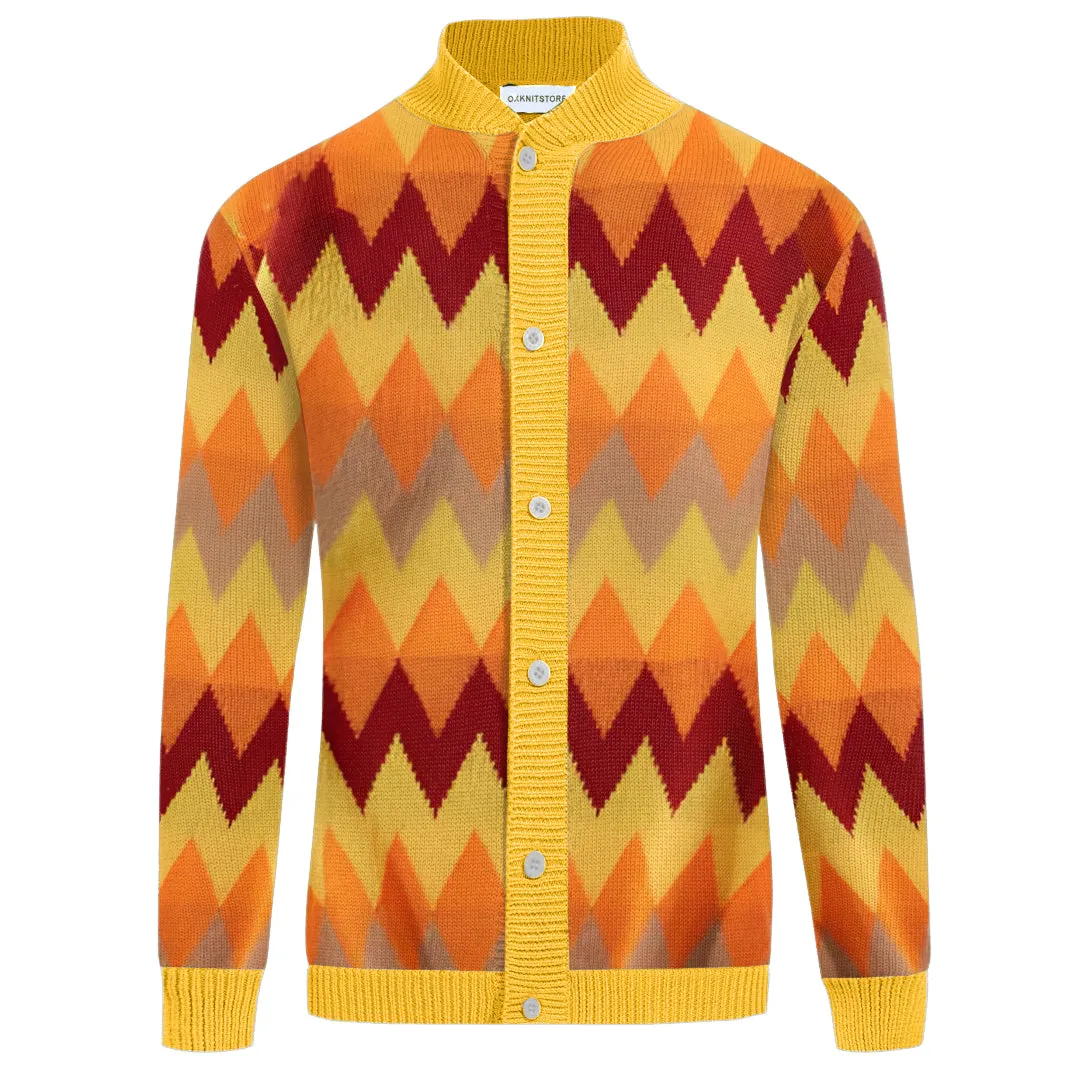 Men's yellow diamond check jacquard sweater coat