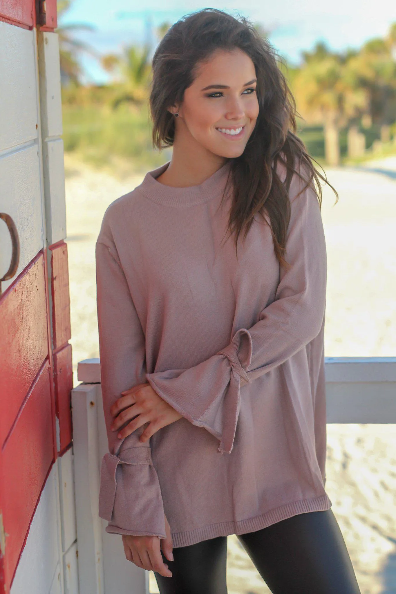 Mocha Knit Sweater with Tie Sleeves