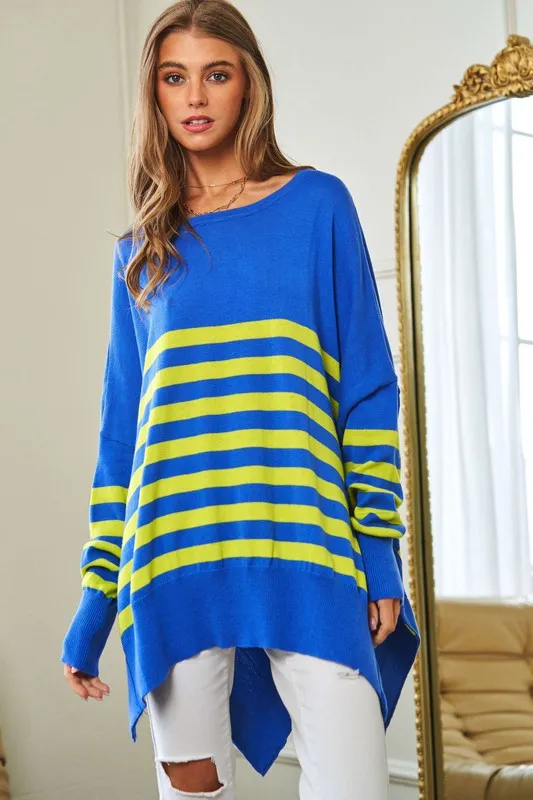 Multi Striped Elbow Patch Loose Fit Sweater Top