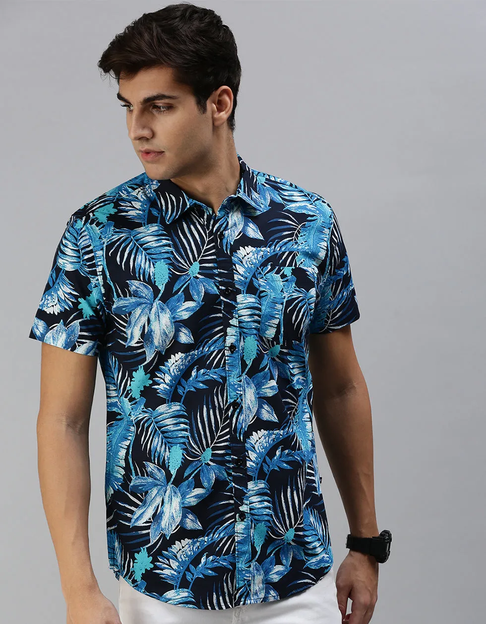 Navy  Floral Printed Casual Shirt