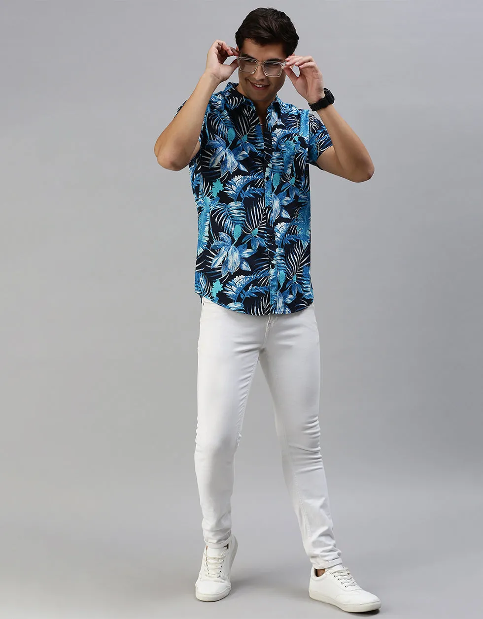 Navy  Floral Printed Casual Shirt