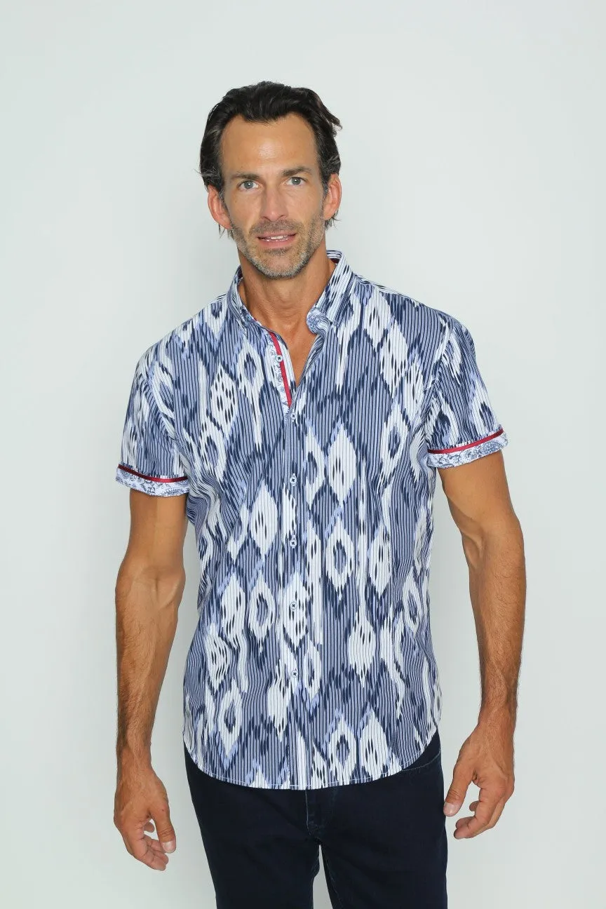 Navy Stripe And Melt Short Sleeve Shirt With Trim