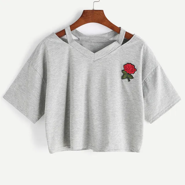 New Fashion Women T Shirt Summer Kawaii Embroidery Rose Aliens T-Shirts Harajuku Casual Tops Tees Female T shirt T-shirt Russia