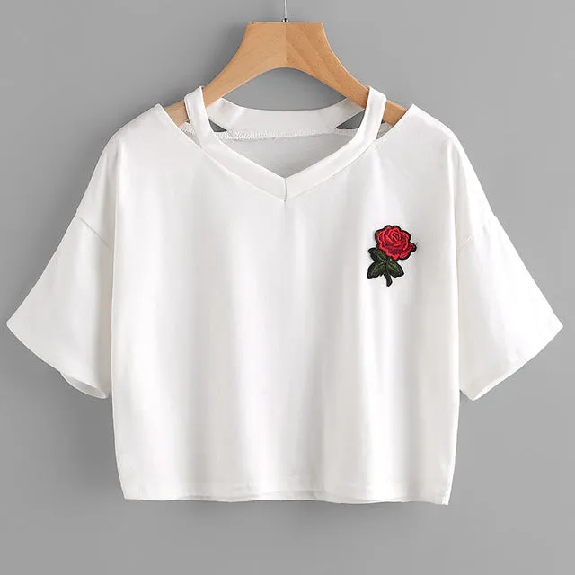 New Fashion Women T Shirt Summer Kawaii Embroidery Rose Aliens T-Shirts Harajuku Casual Tops Tees Female T shirt T-shirt Russia