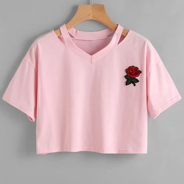 New Fashion Women T Shirt Summer Kawaii Embroidery Rose Aliens T-Shirts Harajuku Casual Tops Tees Female T shirt T-shirt Russia