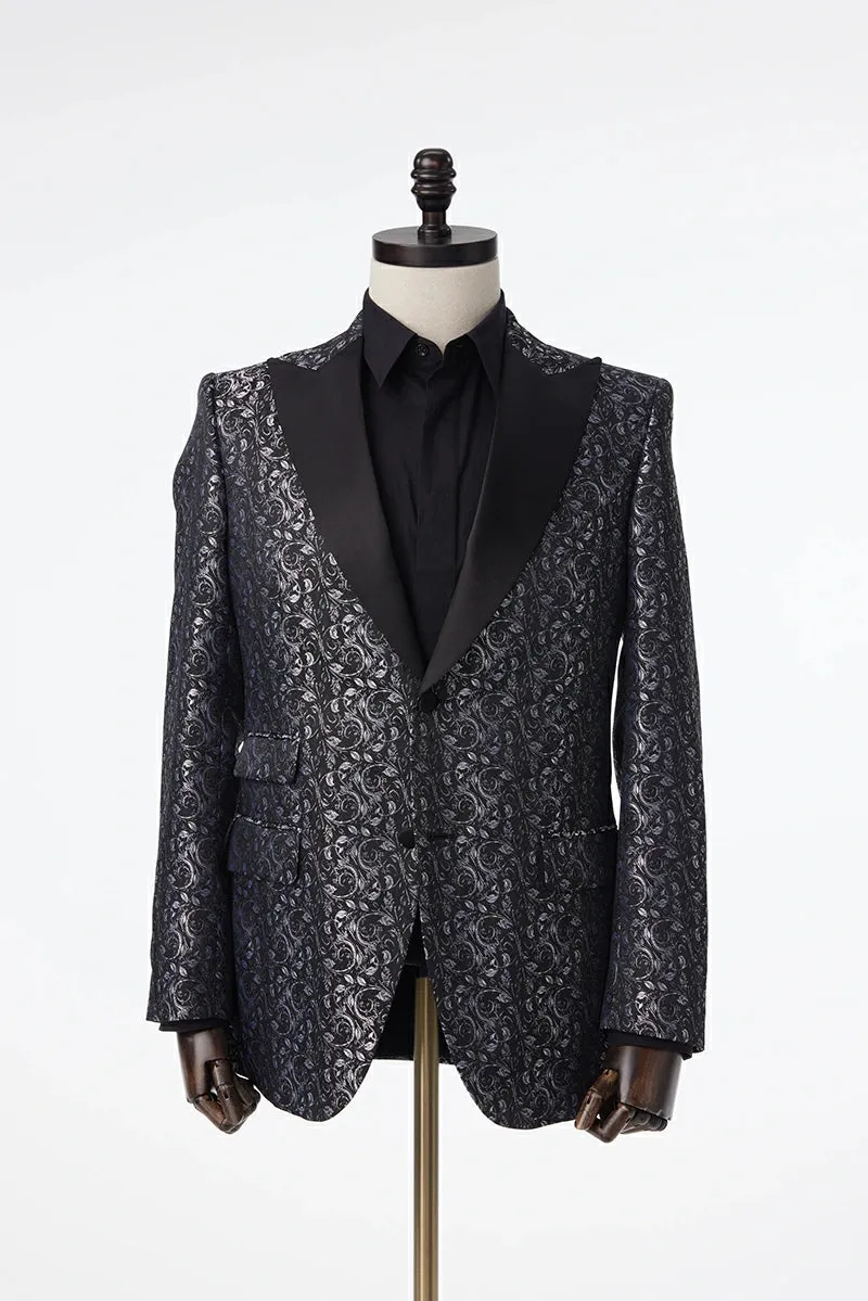 Noir Et Bleu Floral Jacquard Tuxedo Jacket