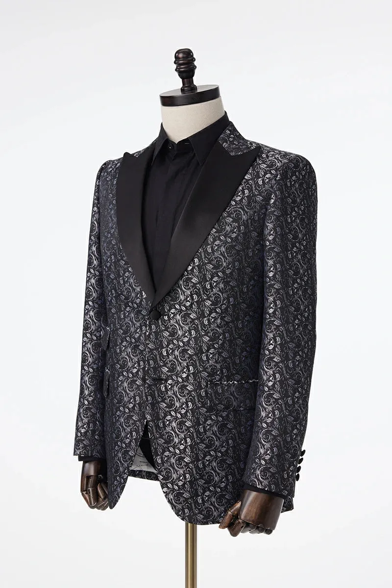 Noir Et Bleu Floral Jacquard Tuxedo Jacket