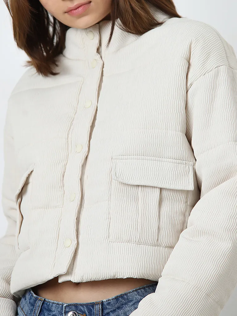 Nuon Off-White Ribbed Textured Puffer Jacket