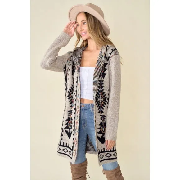 Oatmeal Aztec Rainbow Western Hooded Knit Cardigan Long Sleeve Open Sweater