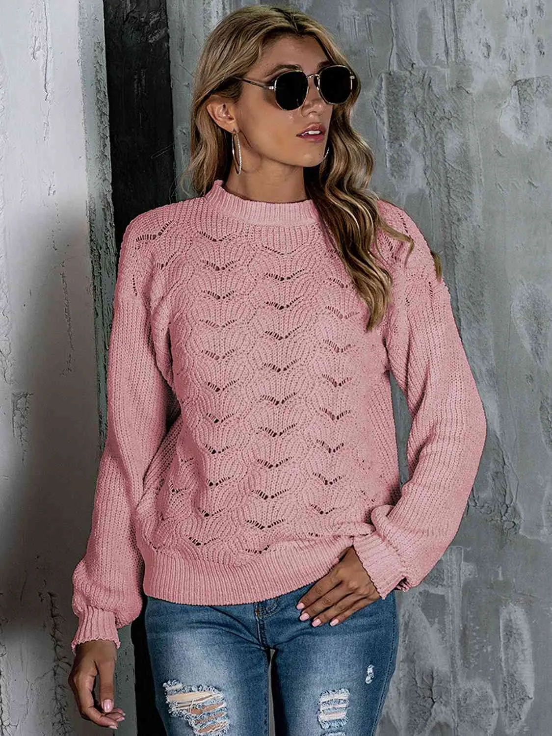 Openwork Mock Neck Long Sleeve Sweater