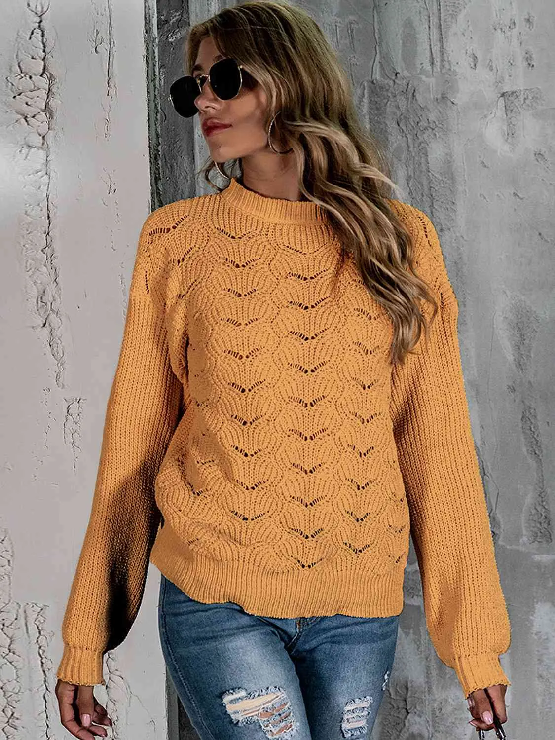 Openwork Mock Neck Long Sleeve Sweater