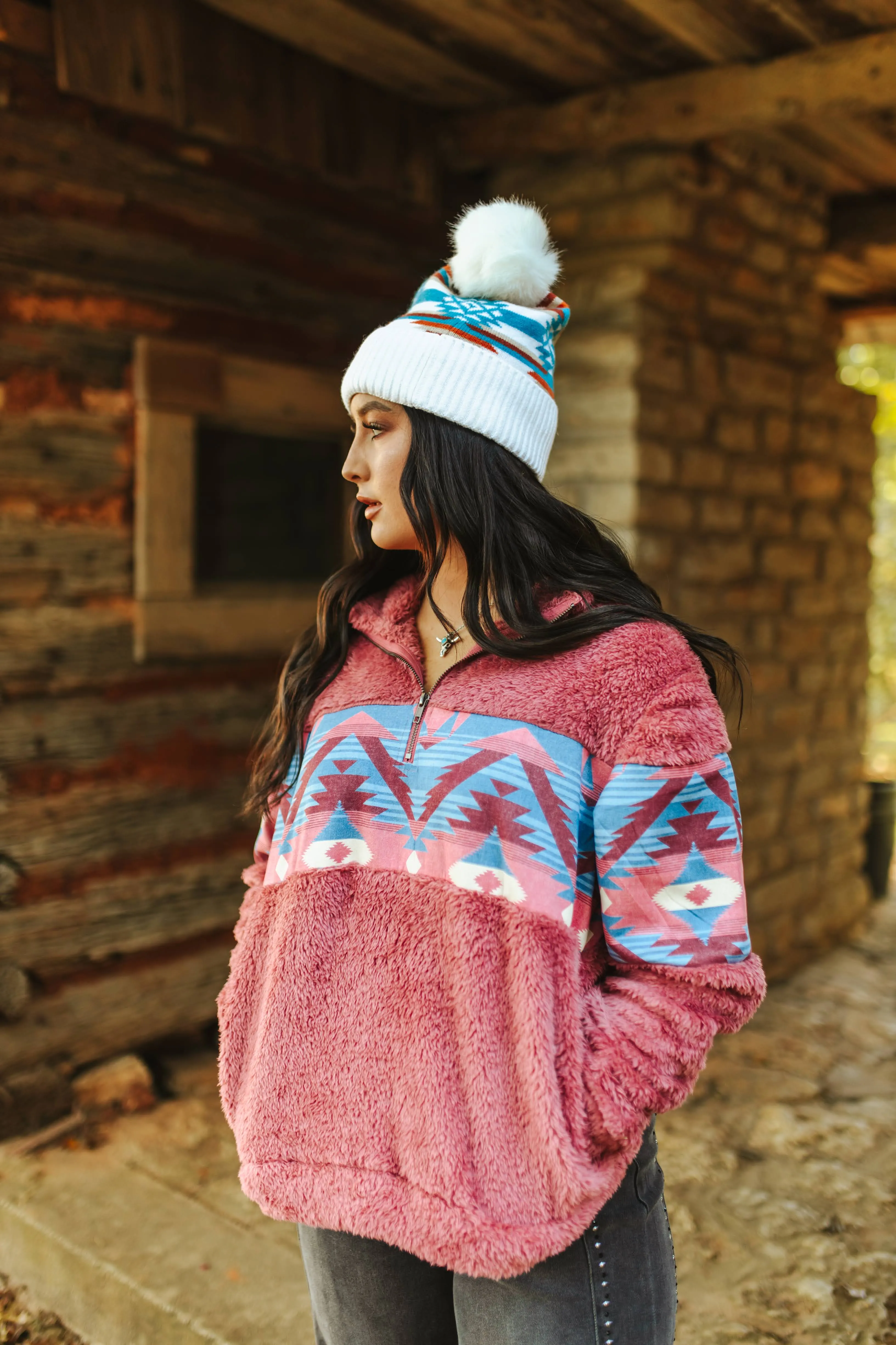 Pink Aztec Half Zip Sherpa