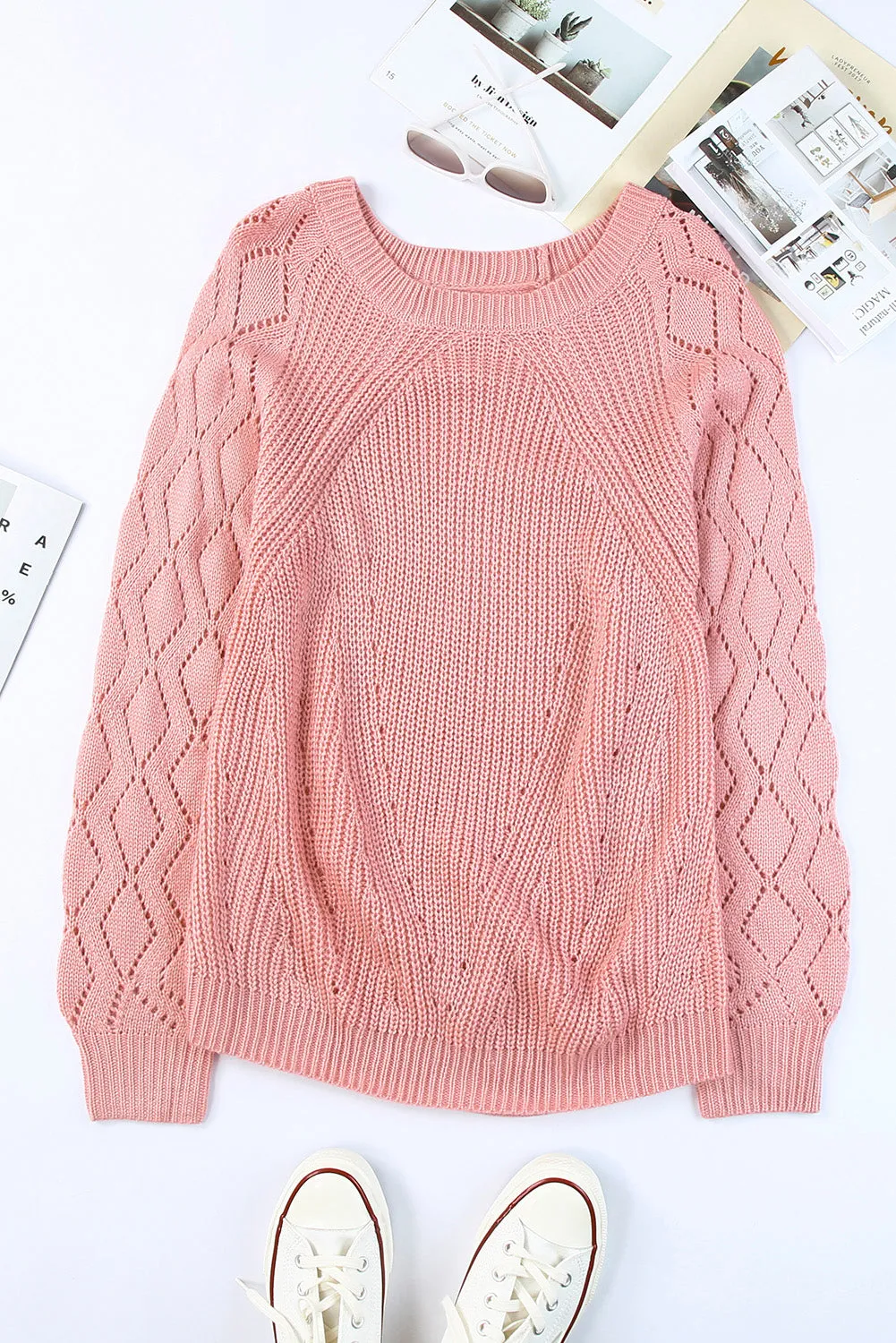 Pink Knit Hollow Out Long Sleeve Pullover Sweater