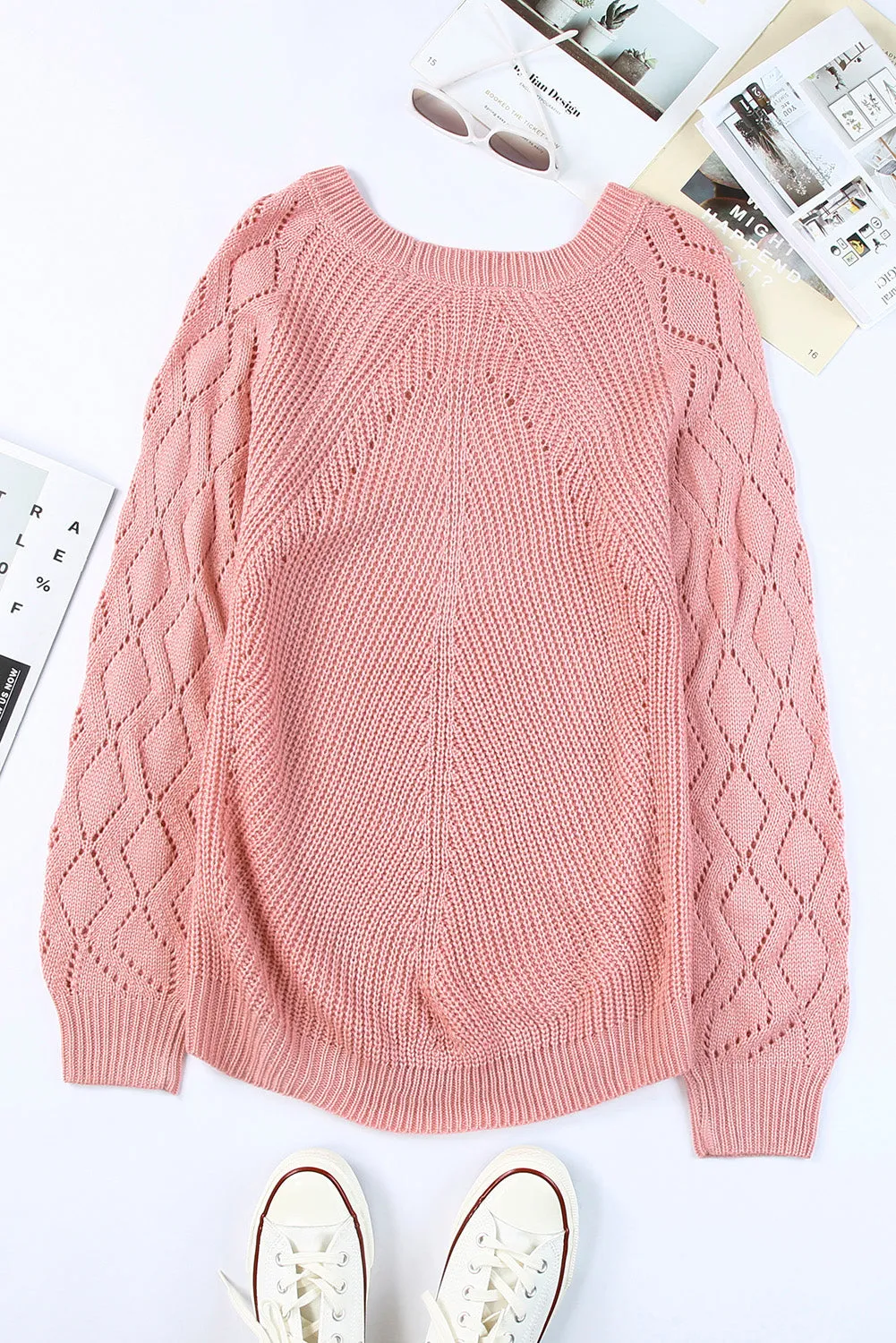 Pink Knit Hollow Out Long Sleeve Pullover Sweater