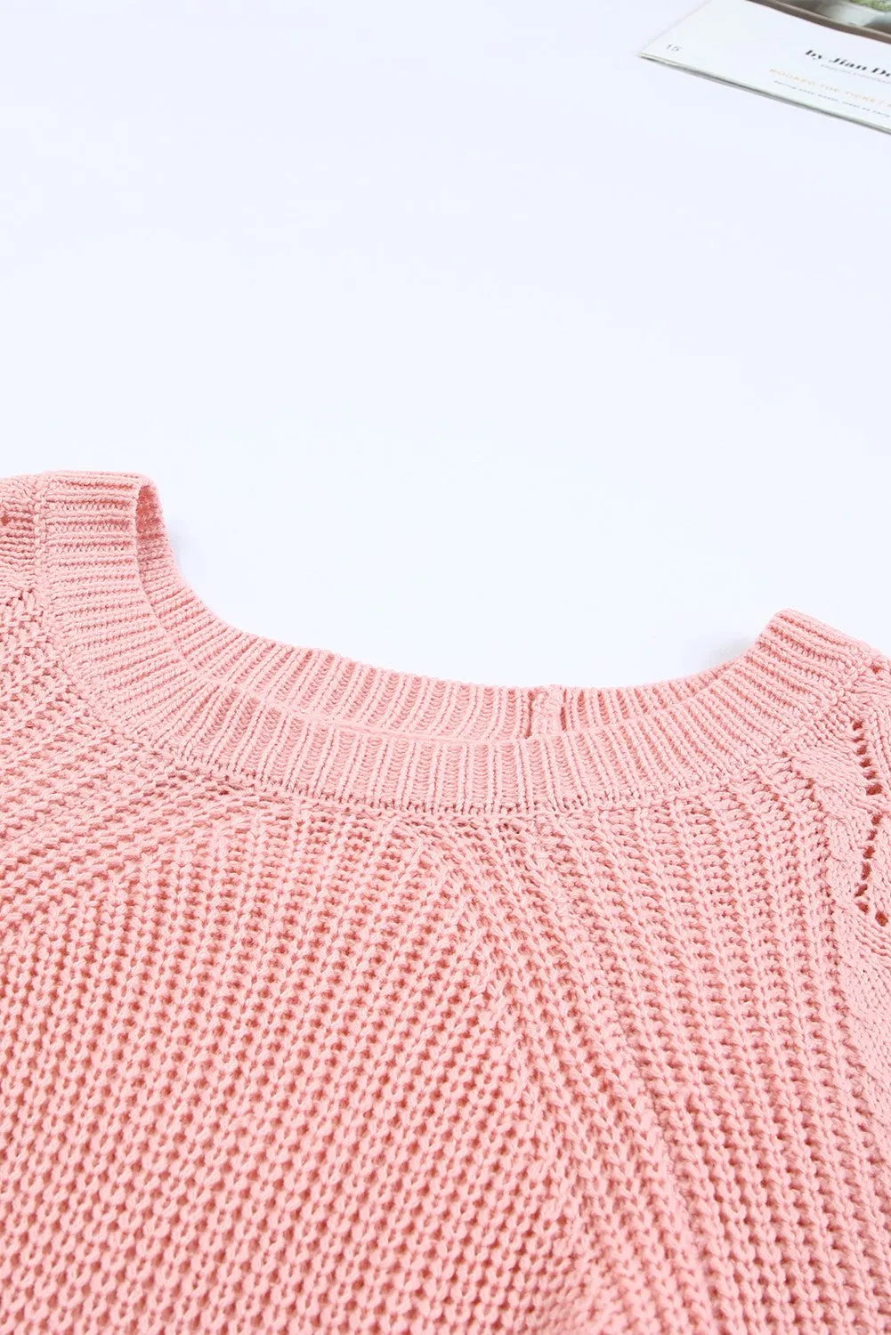 Pink Knit Hollow Out Long Sleeve Pullover Sweater