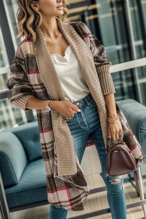 Plaid Open Front Long Sleeve Cardigan