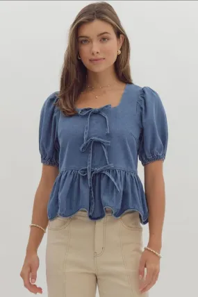 Puff Sleeve Peplum Top in Denim by Entro