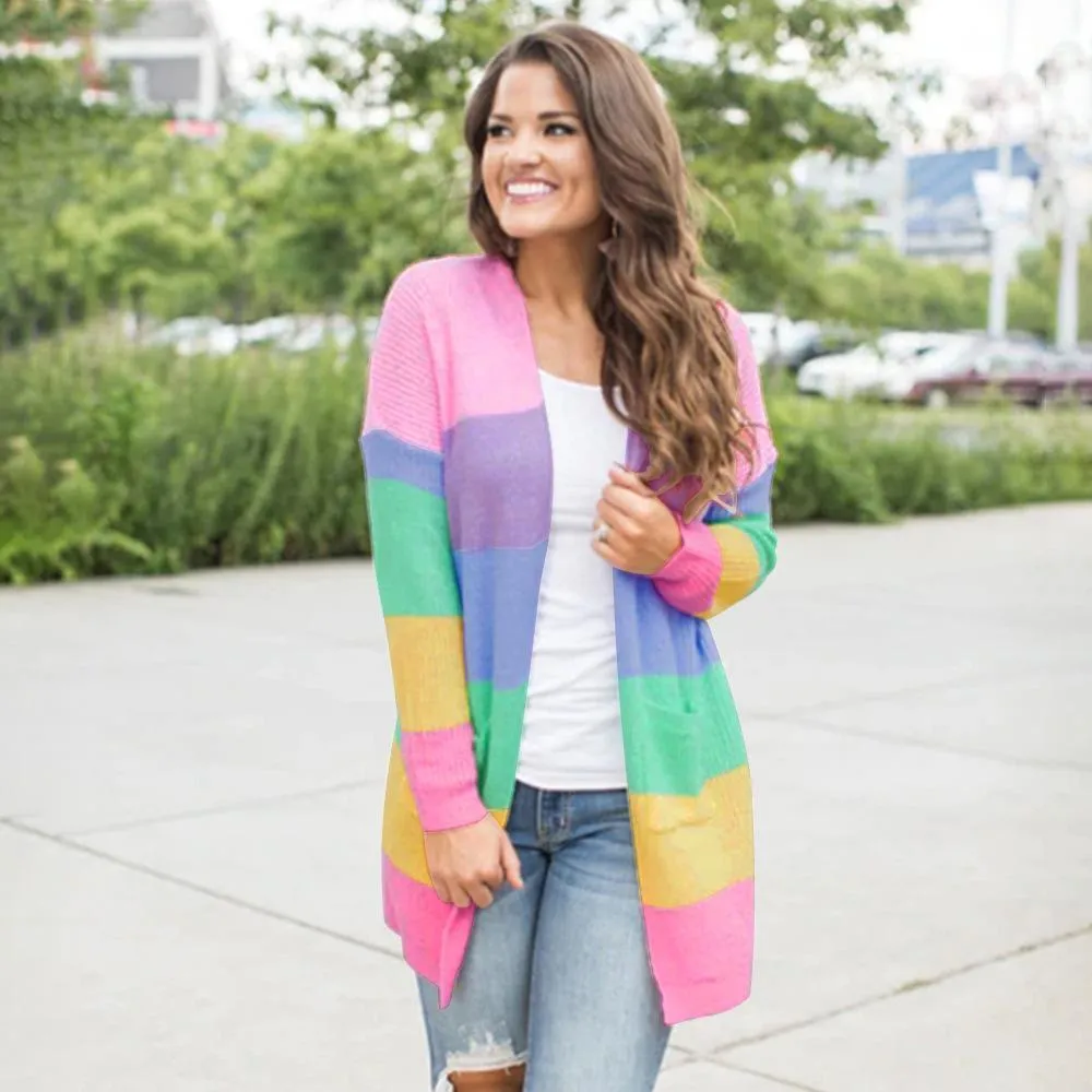 Rainbow Long Sleeves Color Block Knitted Cardigan Sweaters