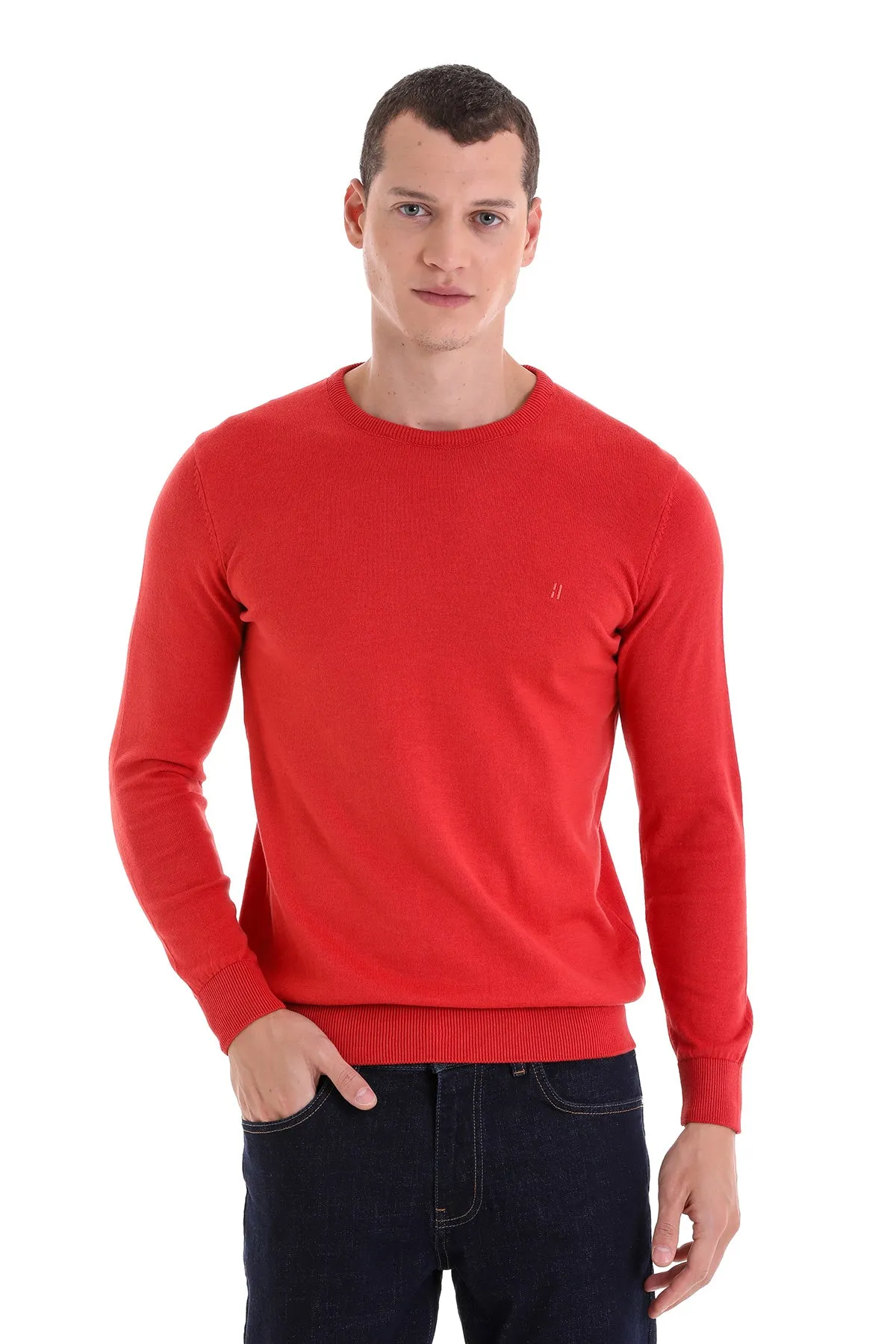 Regular Fit Cotton Brick Crewneck Sweater