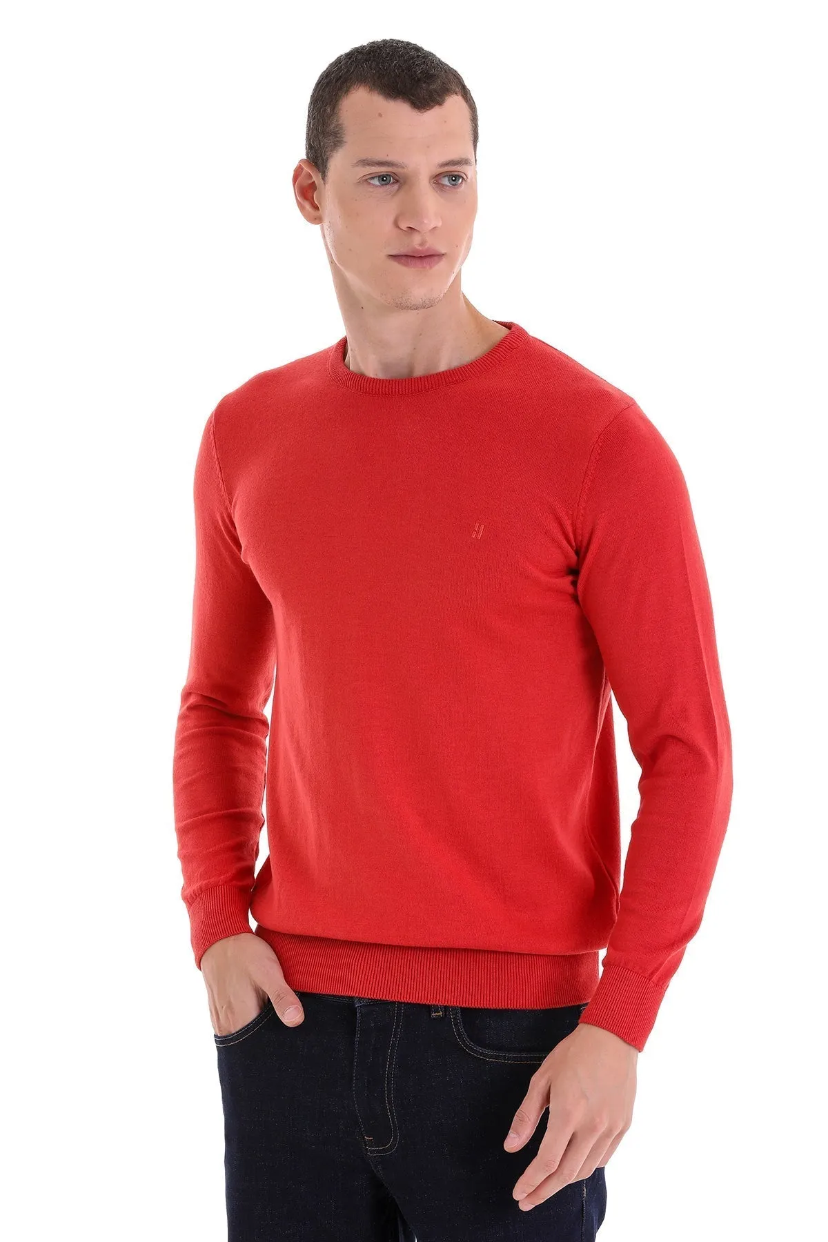 Regular Fit Cotton Brick Crewneck Sweater