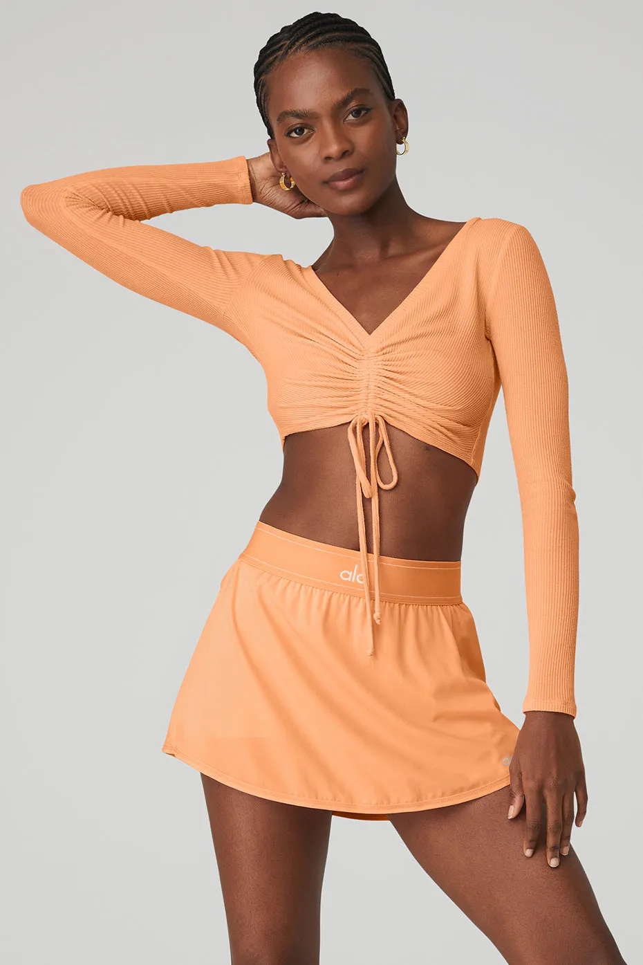 Ribbed Cinch Cropped Long Sleeve - Cantaloupe