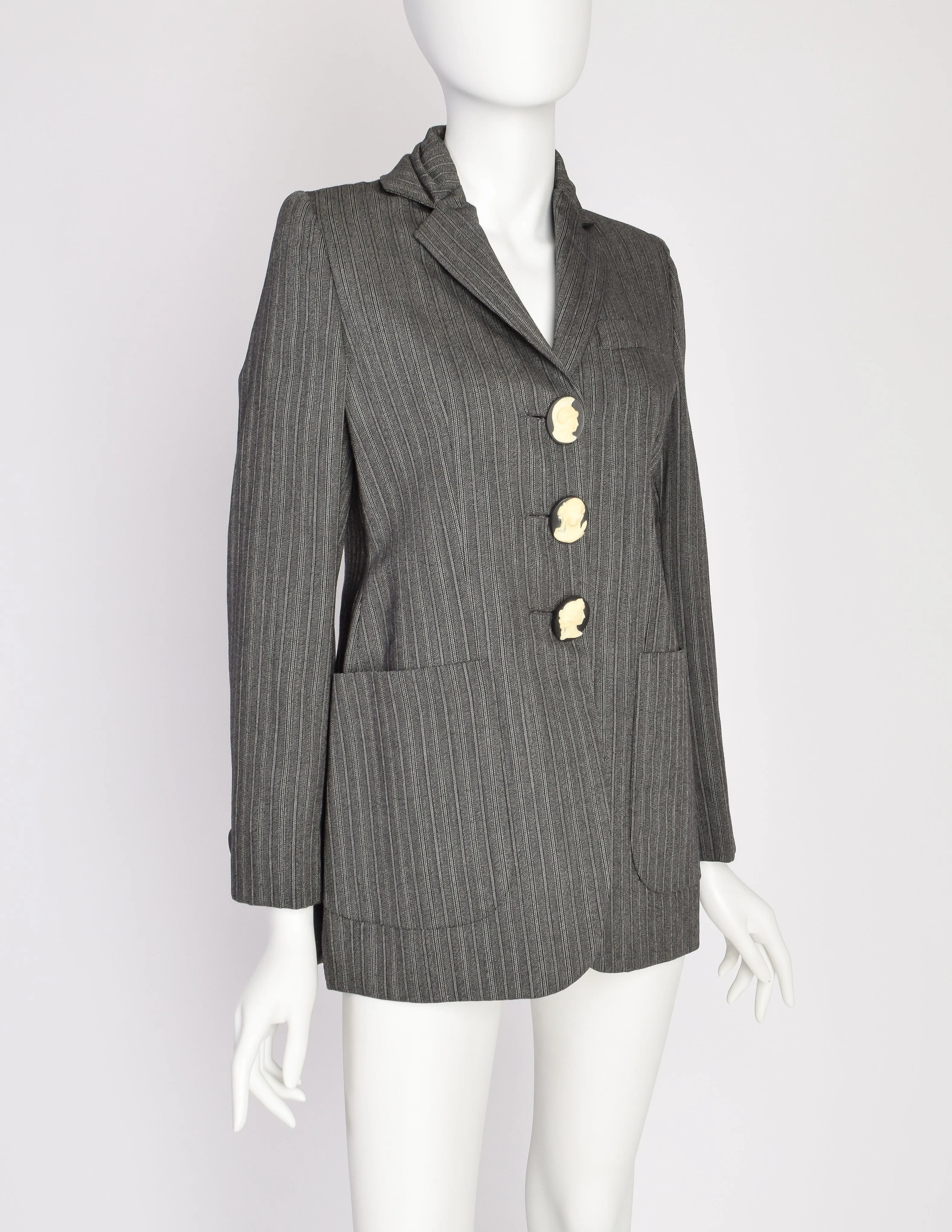 Romeo Gigli Vintage 1995 Grey Morning Stripe Gathered Collar Cameo Button Wool Blazer Jacket