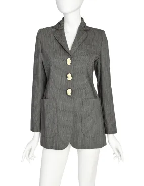 Romeo Gigli Vintage 1995 Grey Morning Stripe Gathered Collar Cameo Button Wool Blazer Jacket